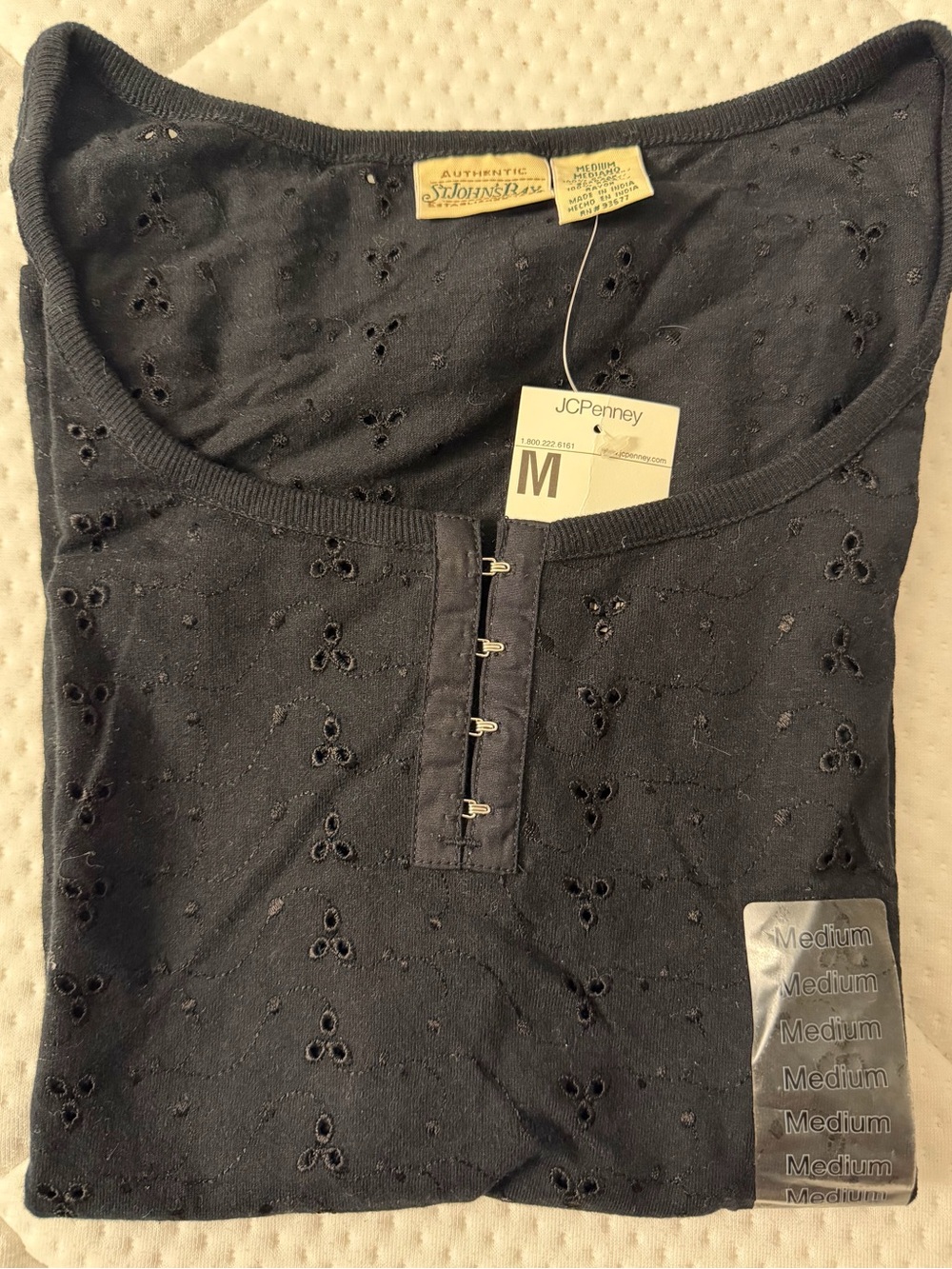 NWT Black Eyelet Hook-Front Short Sleeve Top